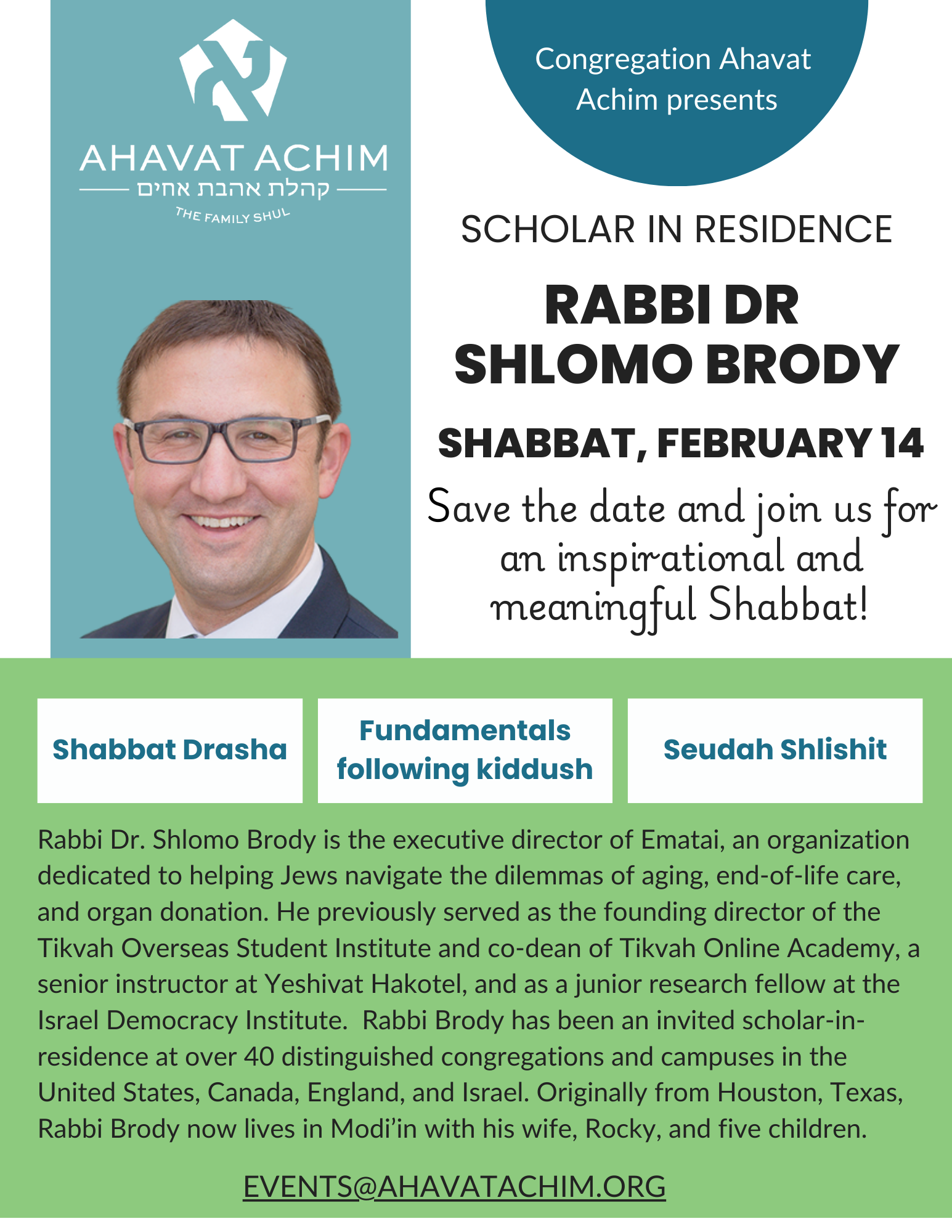Scholar In Residence: Rabbi Dr. Shlomo Brody